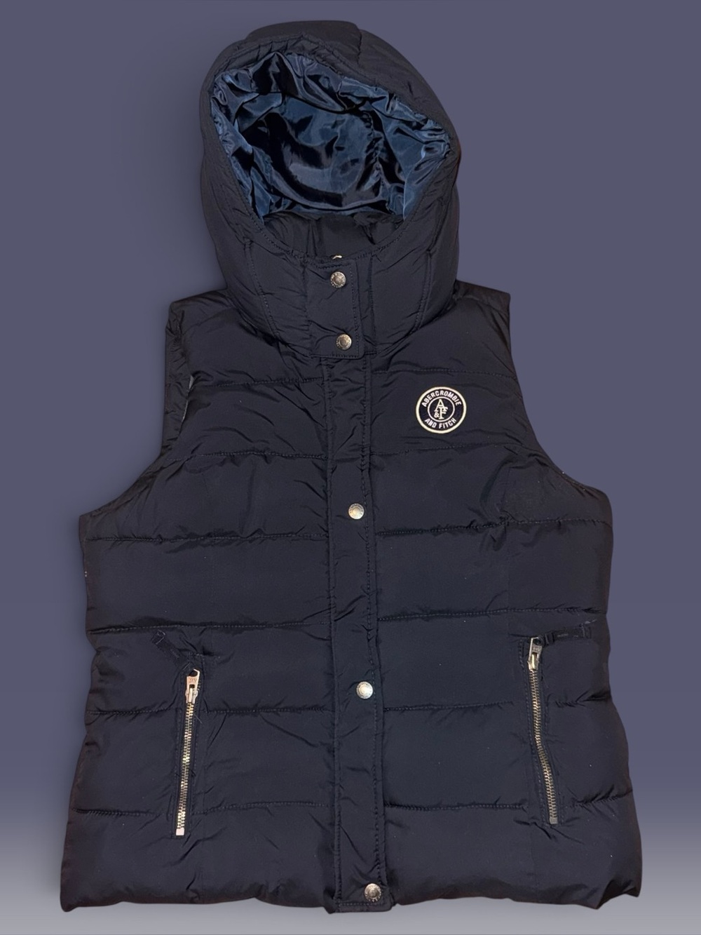 Abercrombie & Fitch Women's Navy Blue Fleece-Lined Hooded Puffer Vest (Size L)